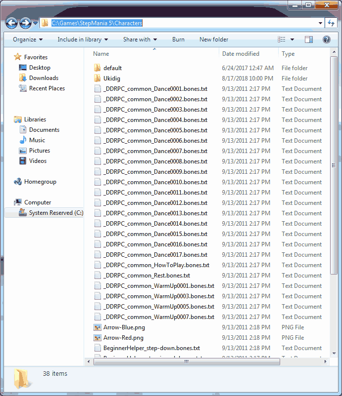 Checking the characters folder after installation.
