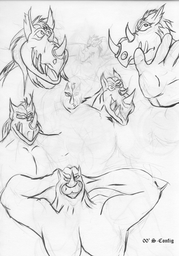 Rhino Heads - sketch and inked.