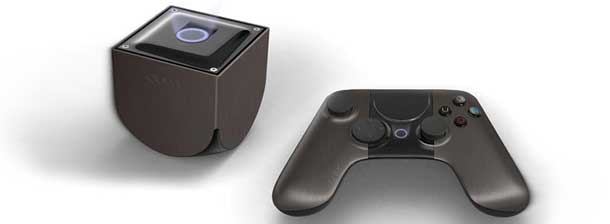 Ouya Retail console and controller stock image.