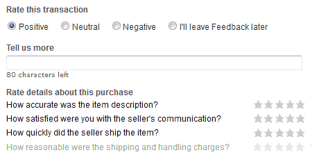 eBay buyer rating screen for feedback