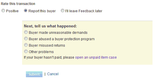 Ebay seller rating screen for feedback