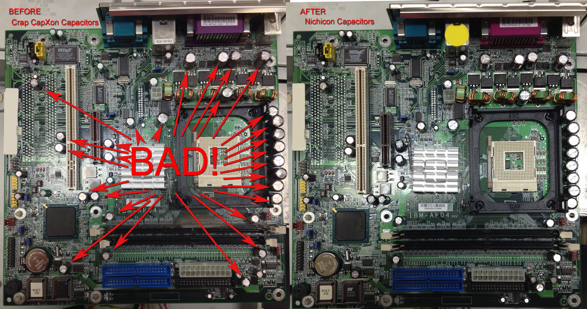 IBM-AP04 SurePOS motherboard before and after capacitor replacement