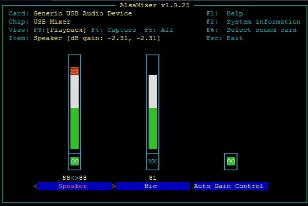 Alsamixer screenshot with USB Device