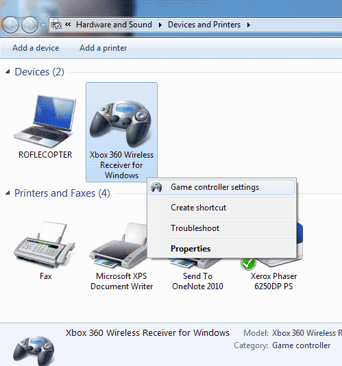 Devices and Printers - Click Game Controller Settings