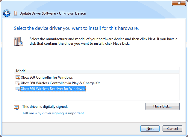Select the Xbox 360 wireless receiver driver.