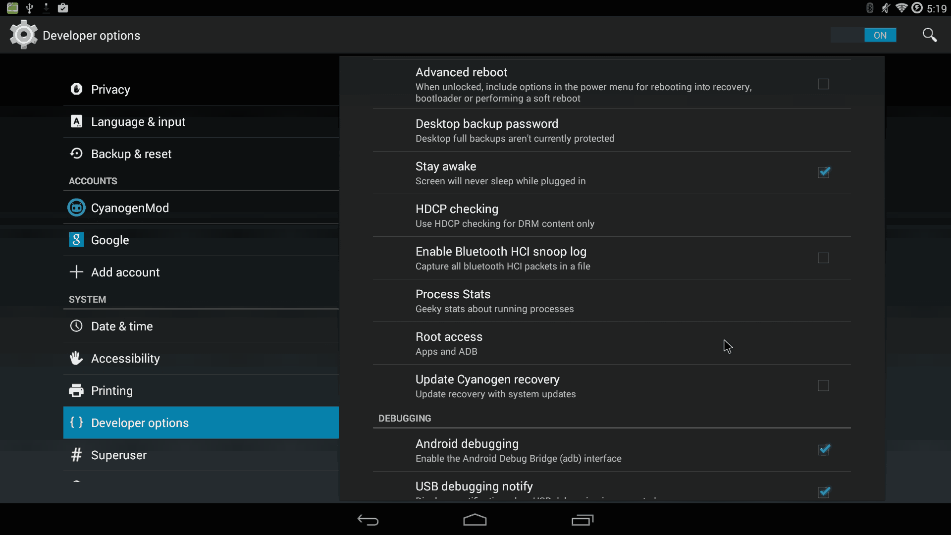 CM11 - Ouya Cyanogen settings - root access -01