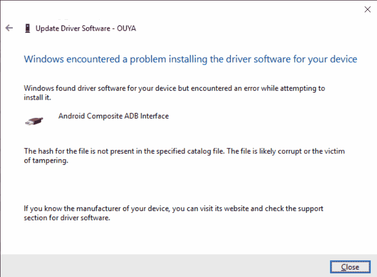 Windows 10 X64 driver installation error for ADB on Ouya