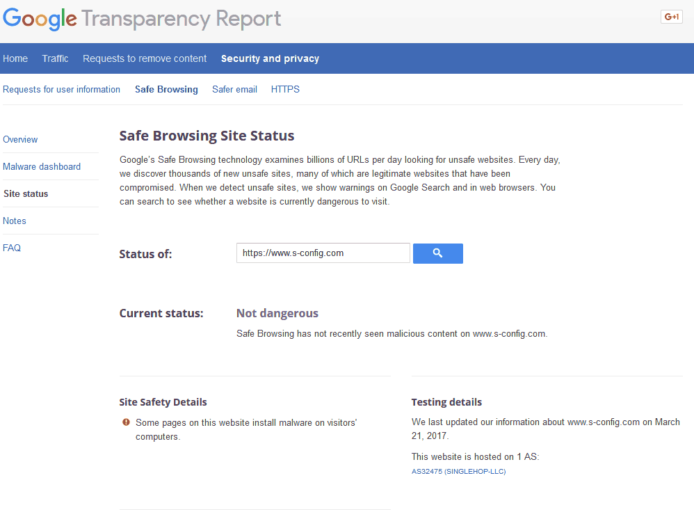 s-config.com transparancy report by google failing malware test.