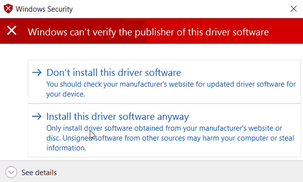 Windows can't verify the publisher of this driver software.