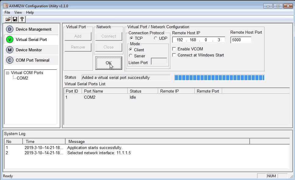 AXMR2W Configuration Utility - Setting up IP and ports.