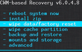 ClockWorkMOD - Wipe Data and Factory Reset.