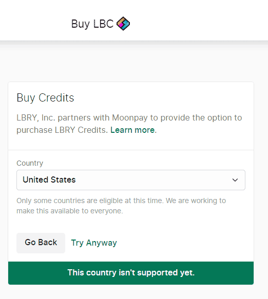 LBRY coin purchase window