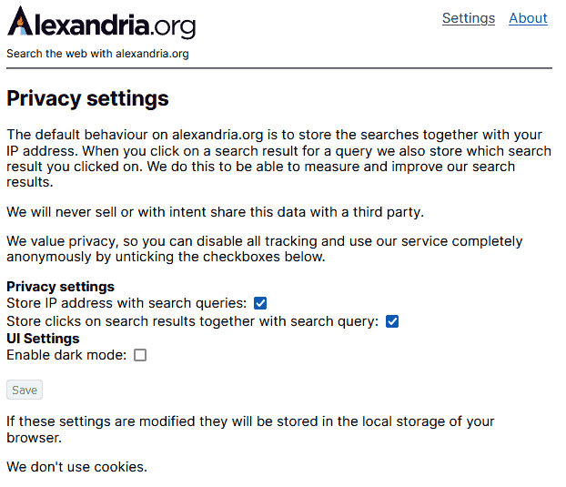 Alexandria Privacy Settings.