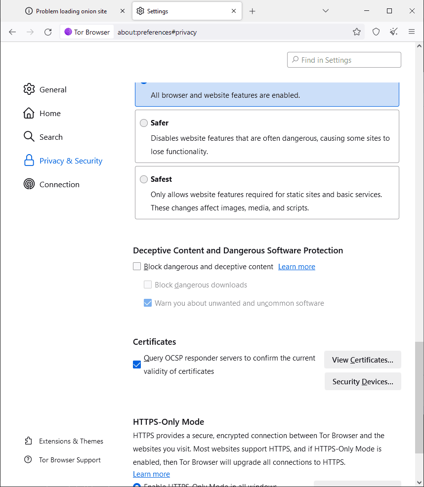 Onion/Tor Browser Security settings.