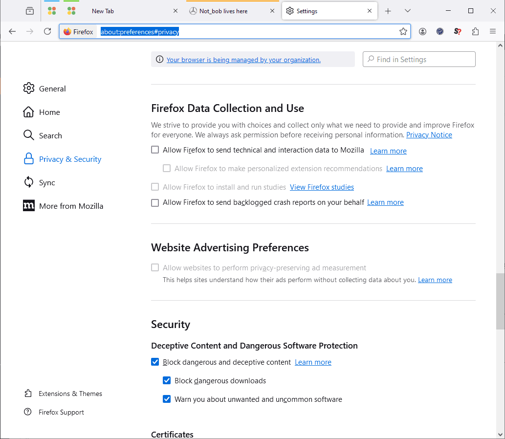 I2P Firefox browser Security settings.