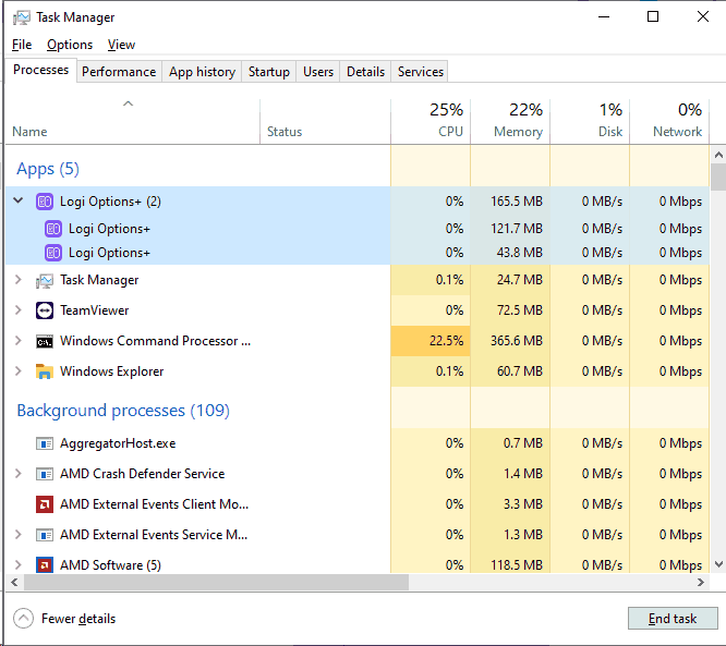 Task Manager - Memory usage of Logitechs software.