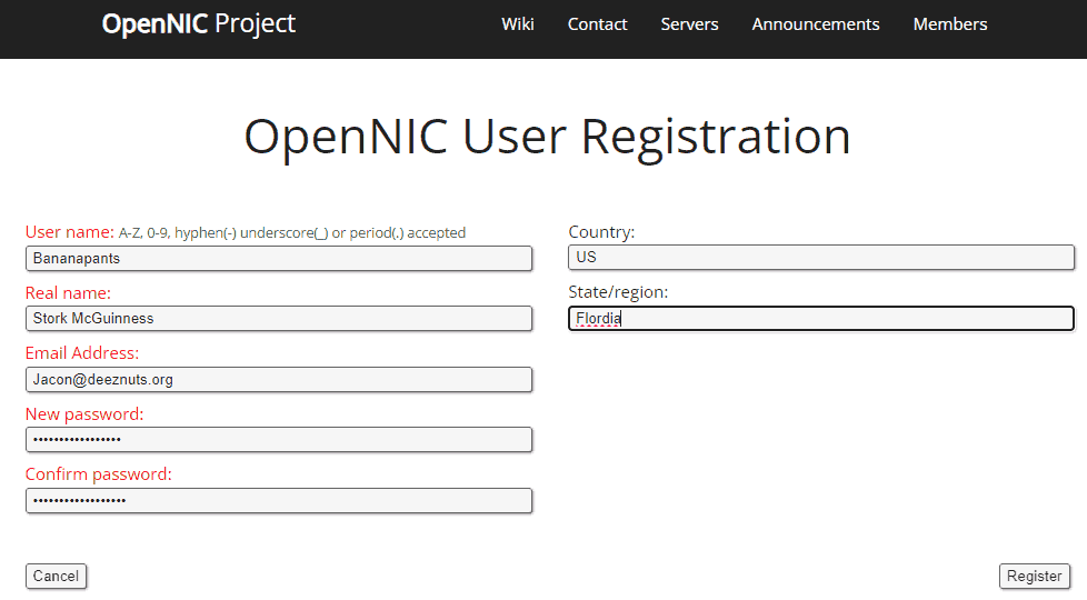 Totally normal OpenNIC registration form.